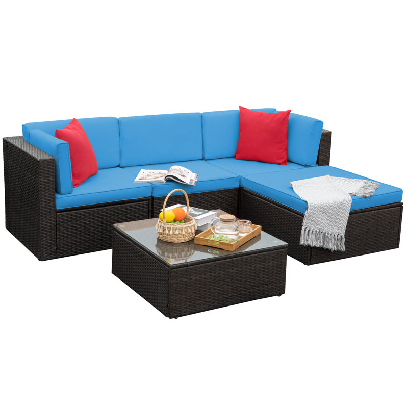 Latitude Run Agaran 5 Piece Rattan Sectional Seating Group with Cushions Reviews Wayfair